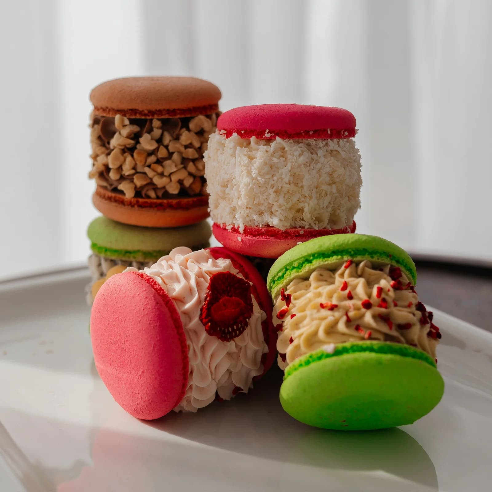 A stack of colorful macarons