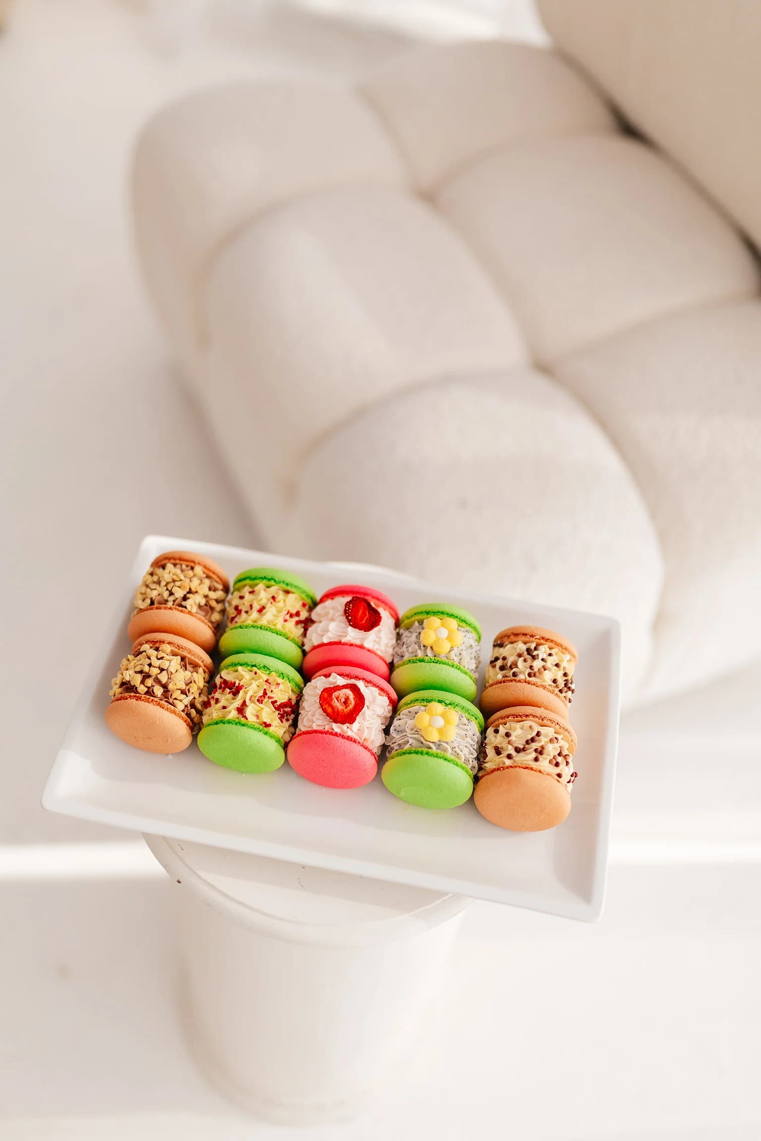Macaron tray on couch